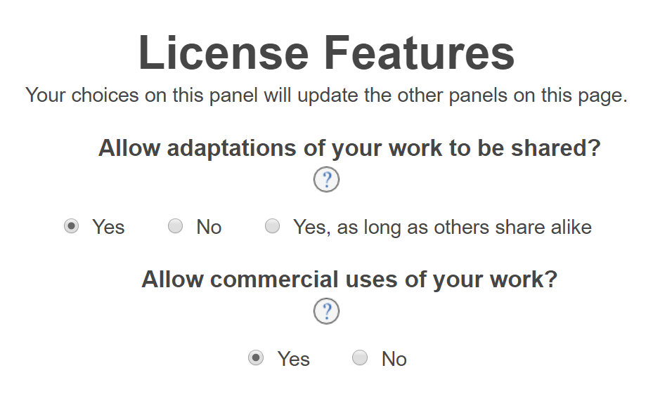 licenses feature box with radio buttons set to yes