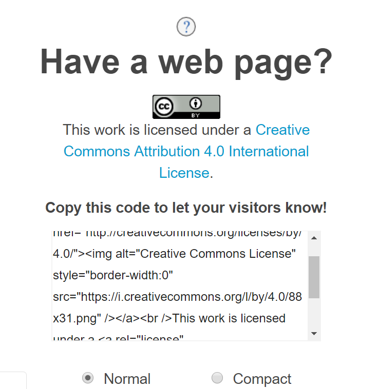Have a web page header followed by CC Attribution statement, logo, and embed code