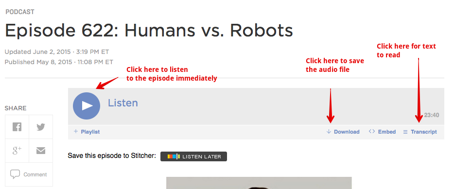 Image of how to access transcript and audio download